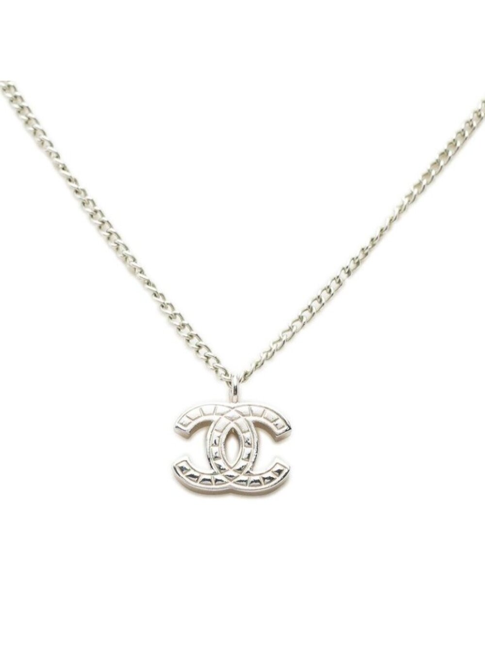 Chanel CC Logo Chain Pendant Stamp Silver Metal Necklace